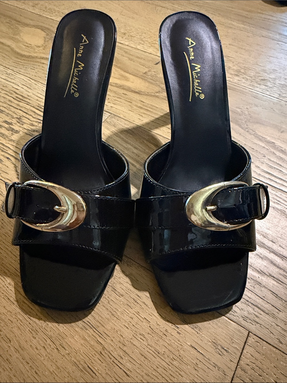 Anne Michelle Black Patent Slide Sandals with Gold Buckle Accent